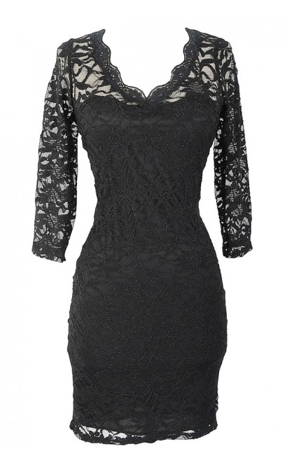 Open Back Fitted Lace Dress With Three Quarter Sleeves in Black